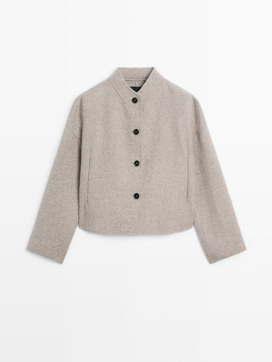 Short wool blend coat with high collar