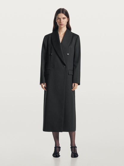 Long double-breasted 100% wool coat