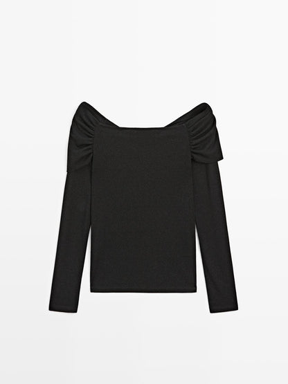 Ribbed long sleeve T-shirt with metallic finish